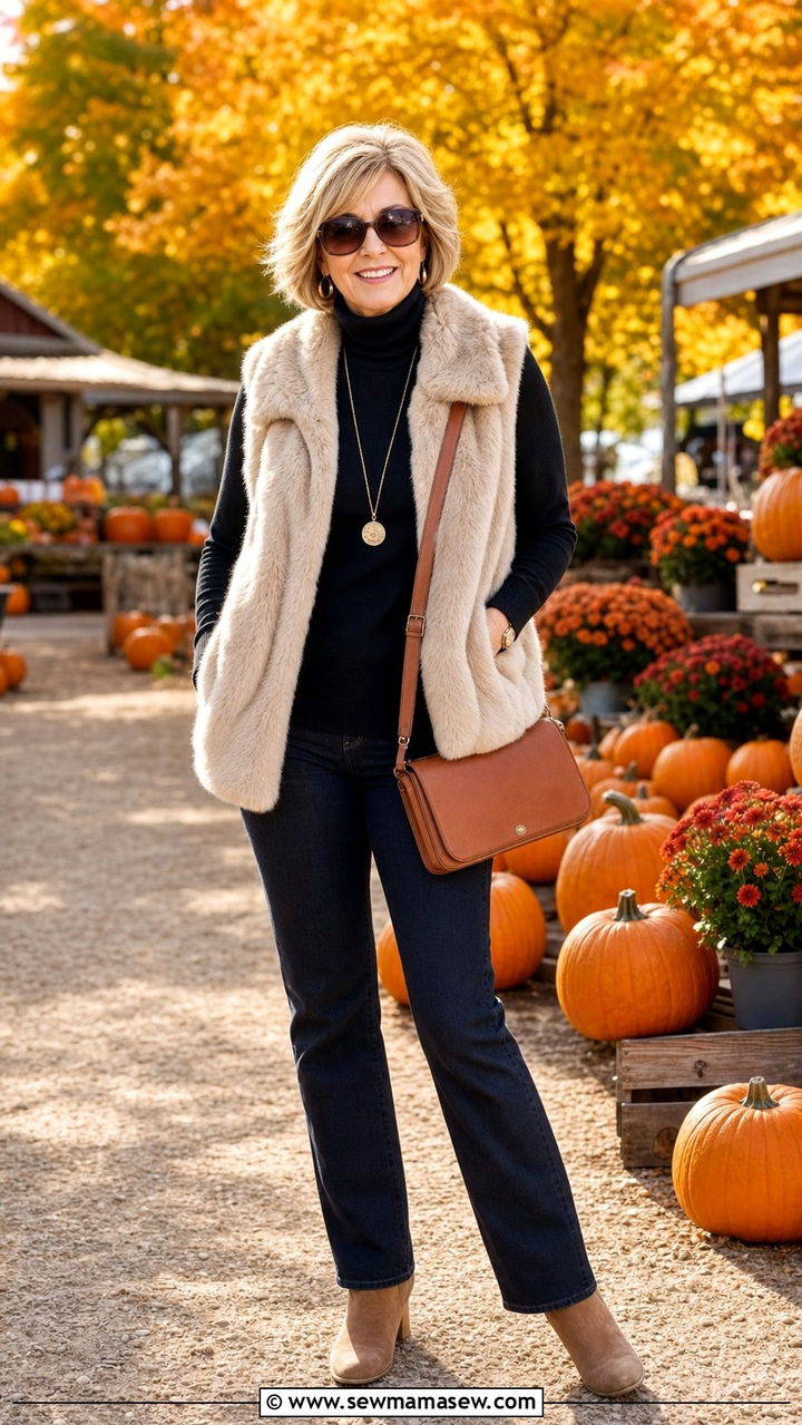 Faux Fur Vest With Dark Jeans - 25 Sophisticated outfit ideas for women over 60