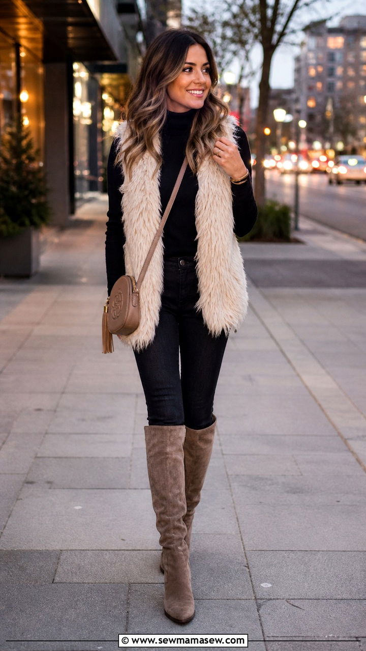 Faux Fur Vest With a Long Sleeve Top and Skinny Jeans - 30 transitional casual outfit ideas