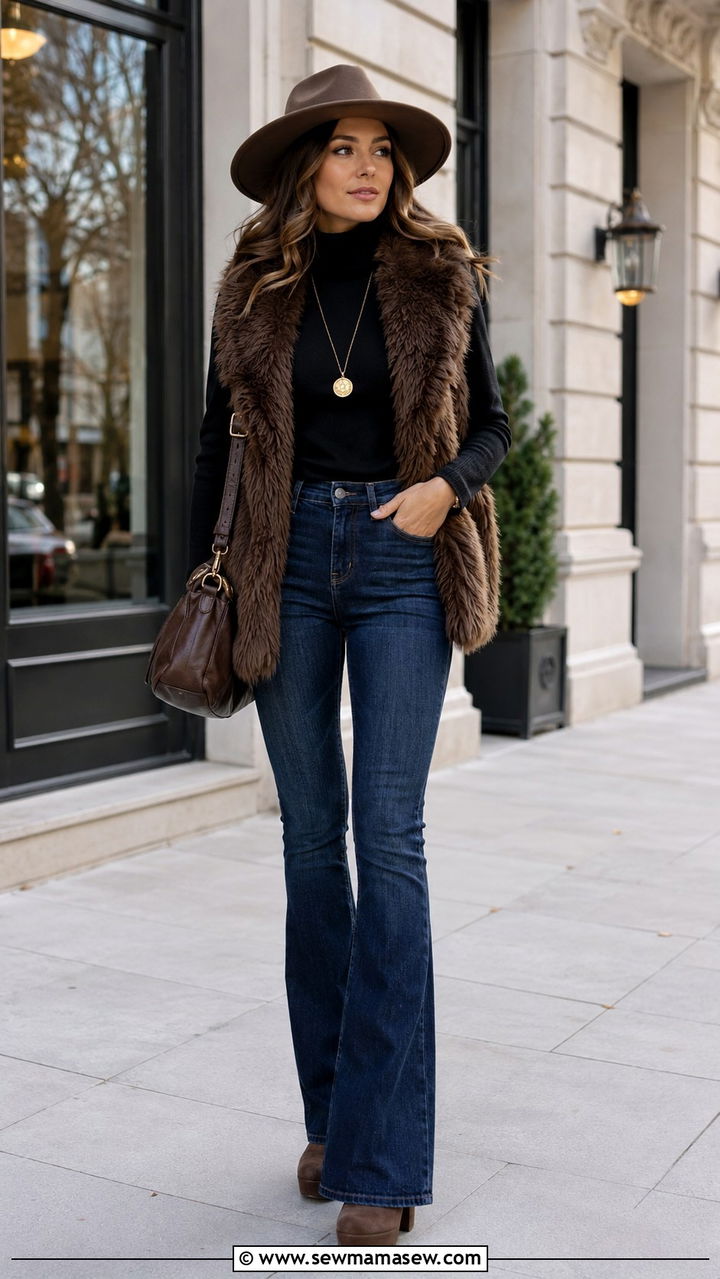 Faux Fur Vest and Flare Jeans Boho Winter Outfit - 25 boho chic outfits inspo