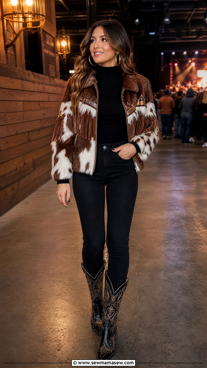 Faux Fur Western Jacket and Black Jeans - 25 seasonal country concert outfit ideas
