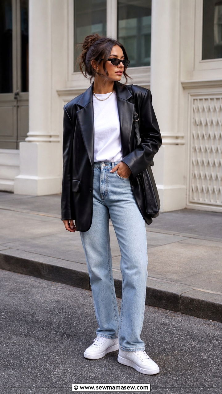 Faux Leather Blazer With White Tee and Sneakers - 40 cute jacket outfits