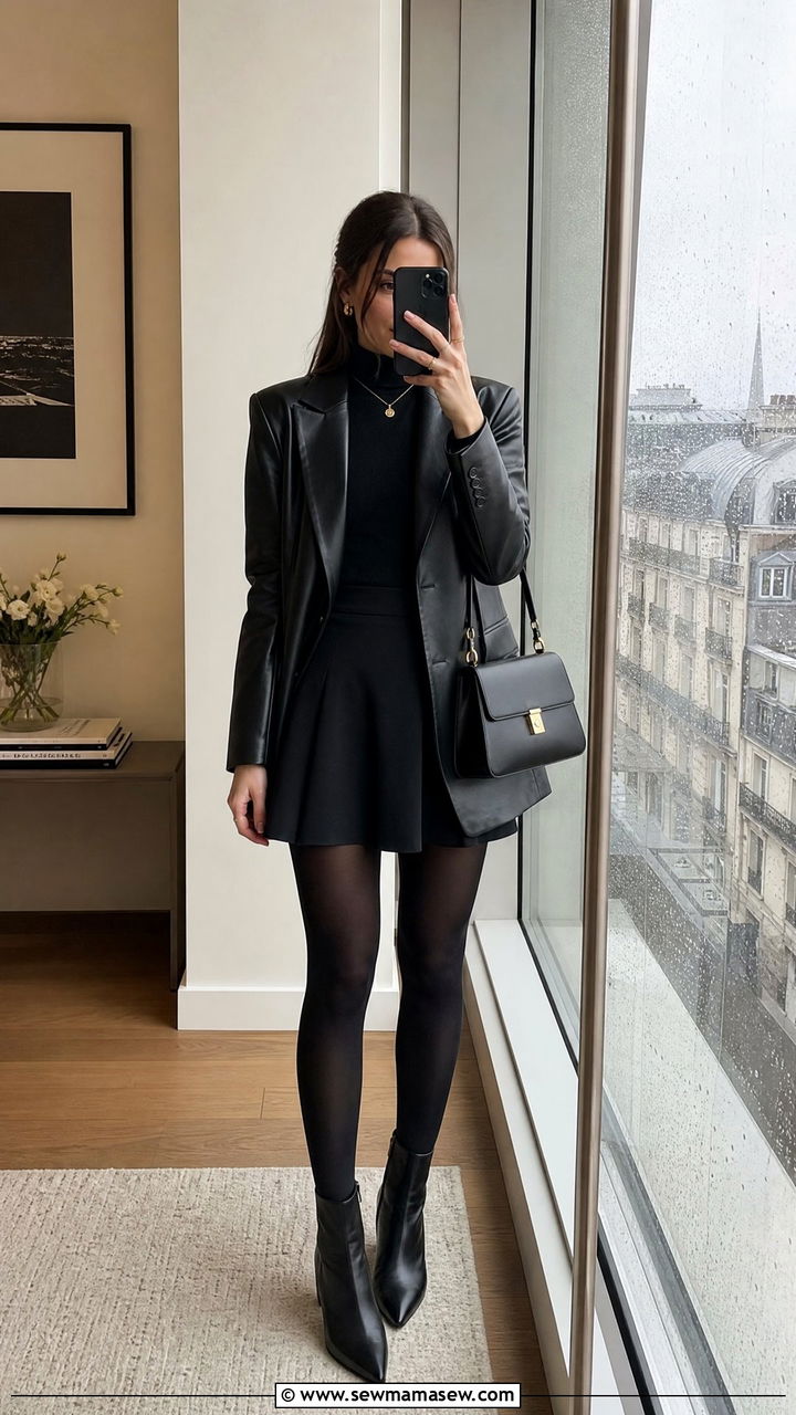 Faux Leather Blazer with Mini Skirt and Tights - 30 classy rainy day outfits