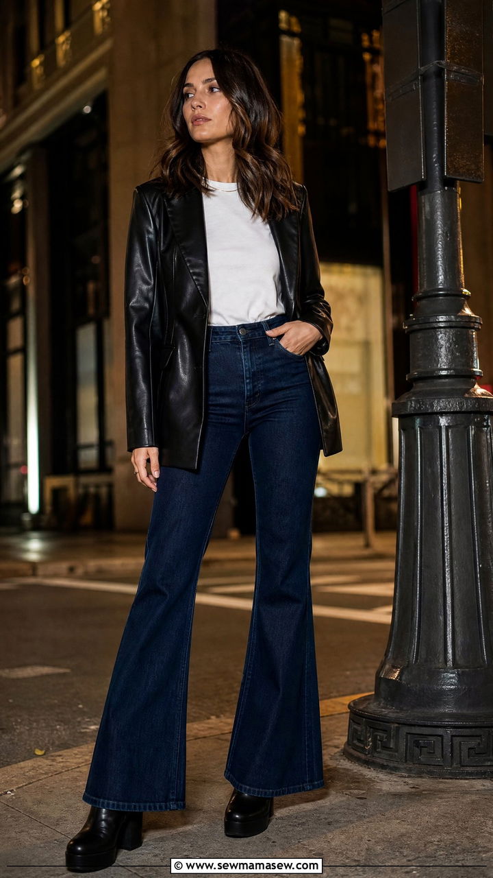 Faux Leather Blazer with a White Tee and Dark Flare Jeans - 30 Flare jeans outfit ideas with a blazer