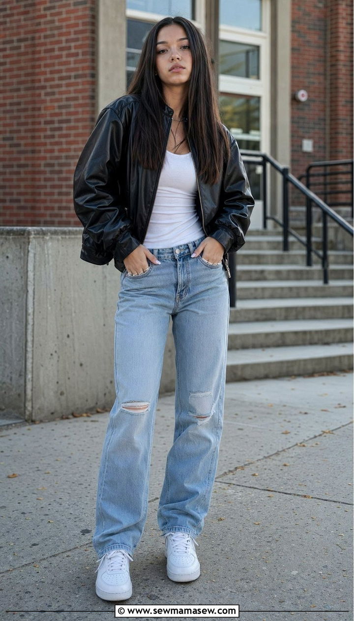 Faux Leather Bomber Jacket with White Tank and Distressed Jeans Outfit - 35 Back to school outfit ideas 10th grade