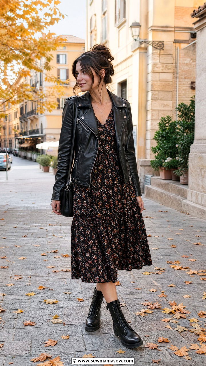 Faux Leather Jacket Floral Midi Dress Combat Boots - 25 Italy packing list outfits