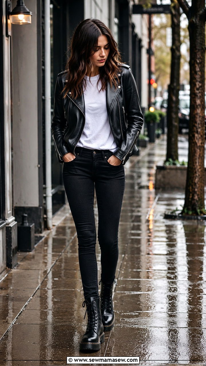 Faux Leather Jacket With Dark Skinny Jeans And Combat Boots - 25 rainy day outfits Pinterest