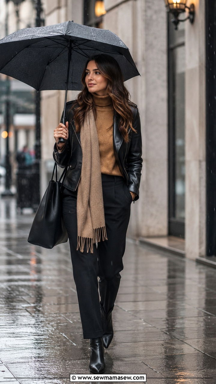 Faux Leather Jacket With Turtleneck And Trousers - 30 Rainy day work outfit ideas