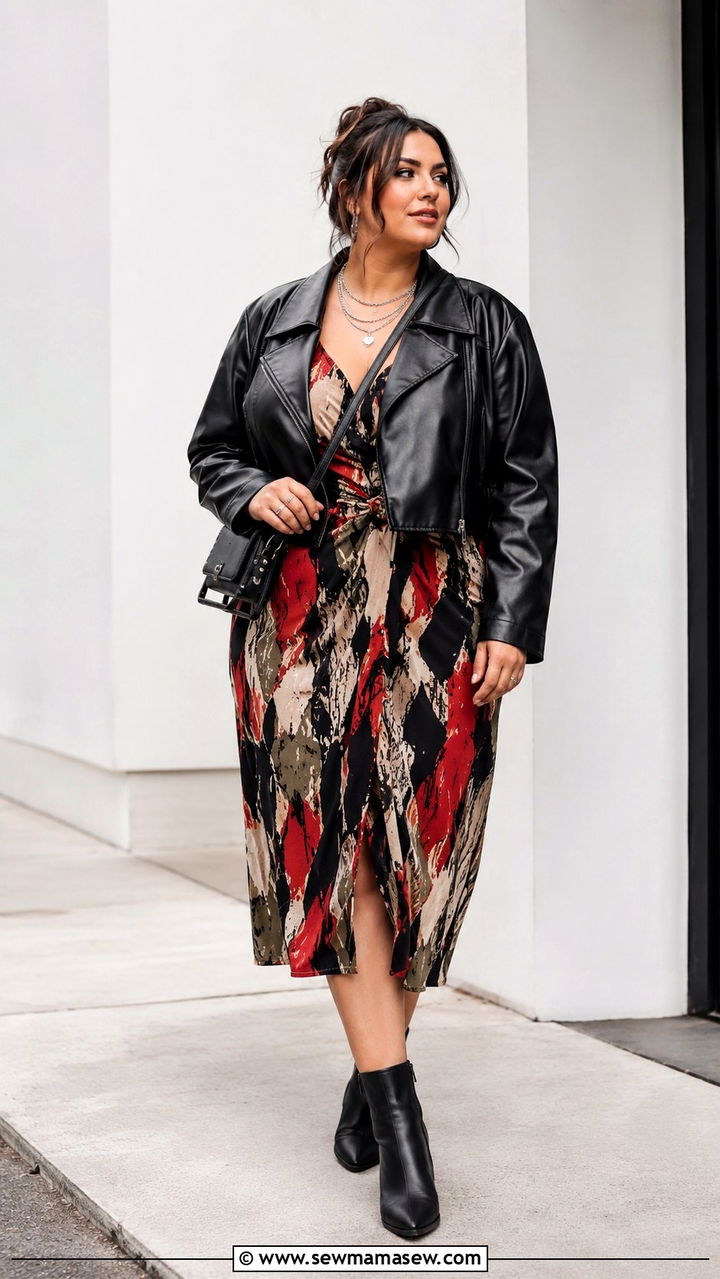 Faux Leather Jacket with Graphic Midi Dress - 30 spring plus size outfit ideas