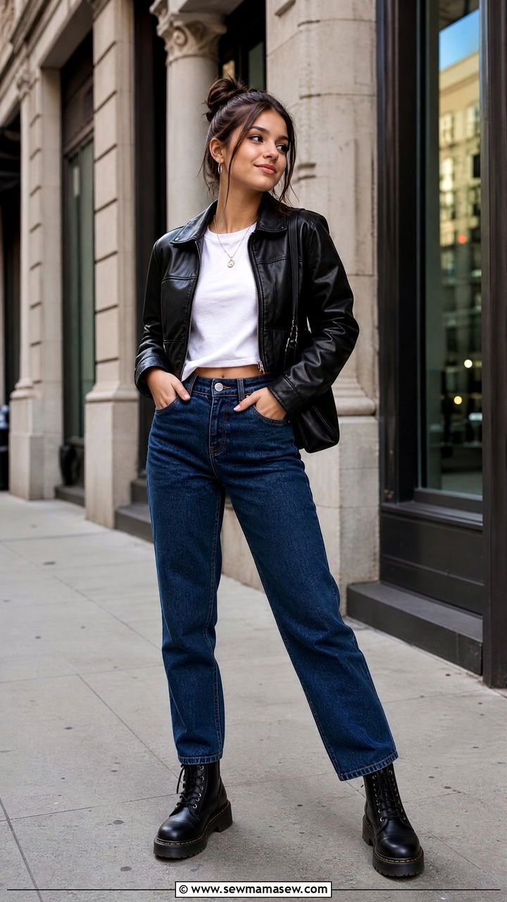 Faux Leather Jacket with Indigo Jeans - 30 Cute outfits for teens