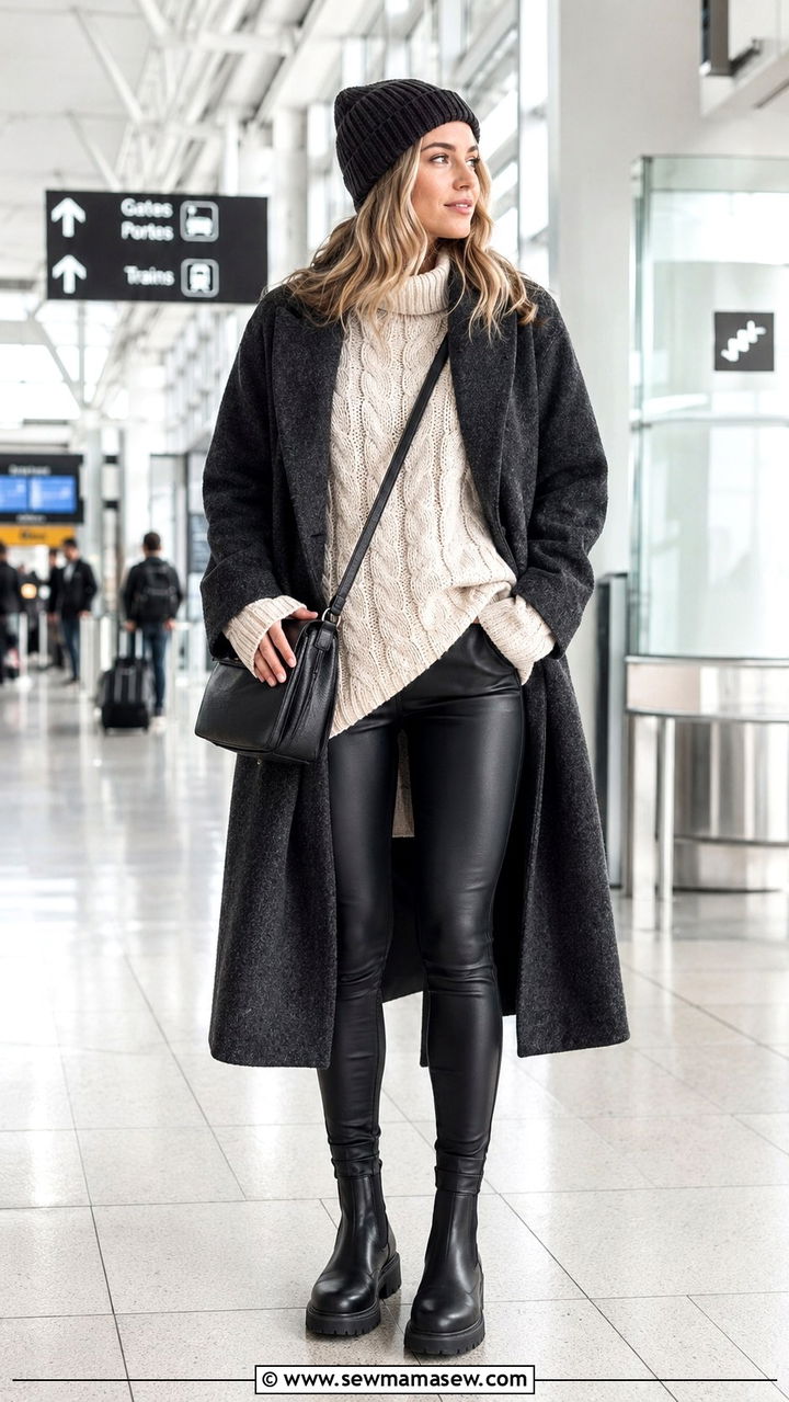 Faux Leather Leggings With Chunky Cable Knit Sweater - 25 Airport outfit ideas for cold destination