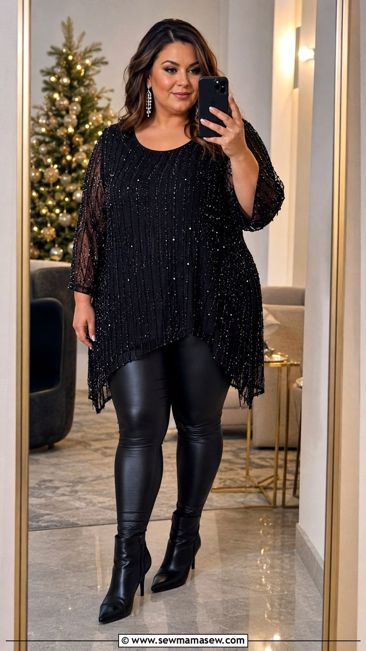 Faux Leather Leggings With Glam Tunic And Ankle Boots - 30 Party outfits for plus size