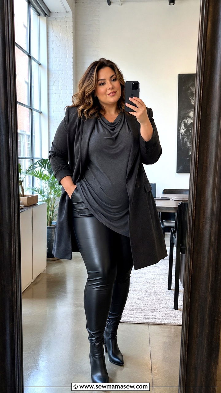 Faux Leather Leggings With Long Blazer - 25 Plus size work outfit ideas 2026