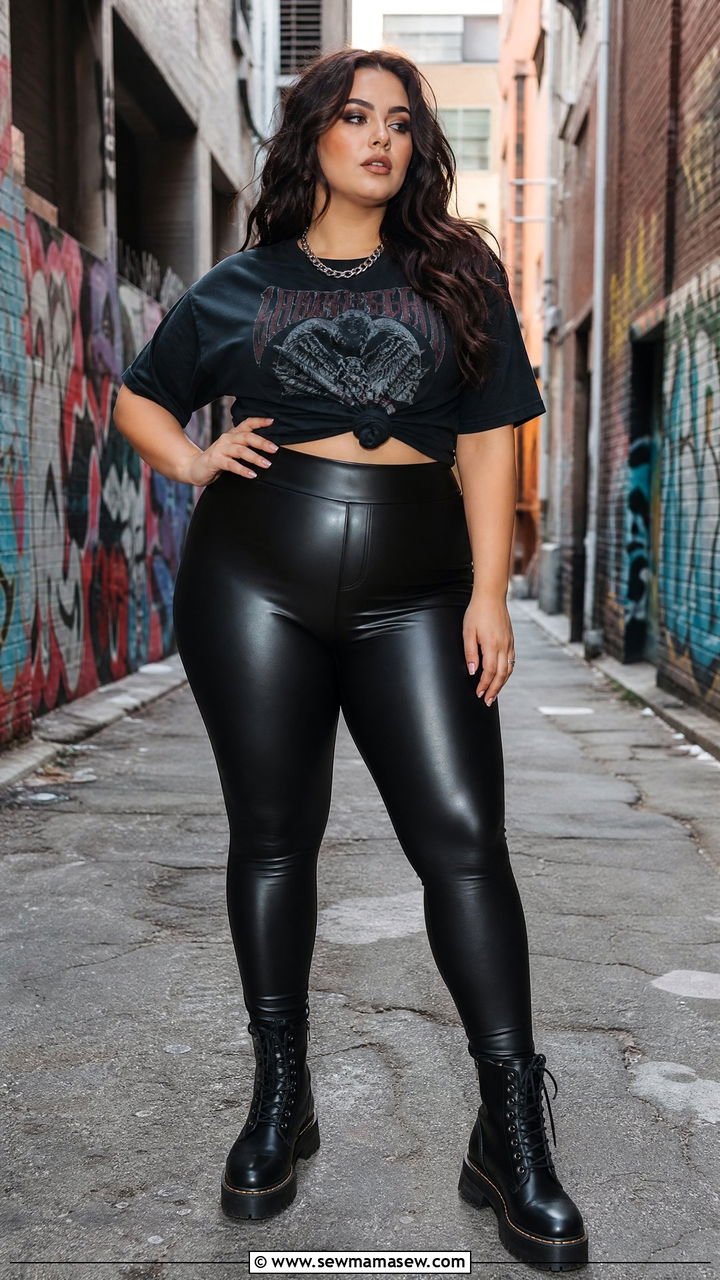 Faux Leather Leggings With Vintage Band Tee And Silver Chain Necklace - 30 plus size music festival outfit ideas