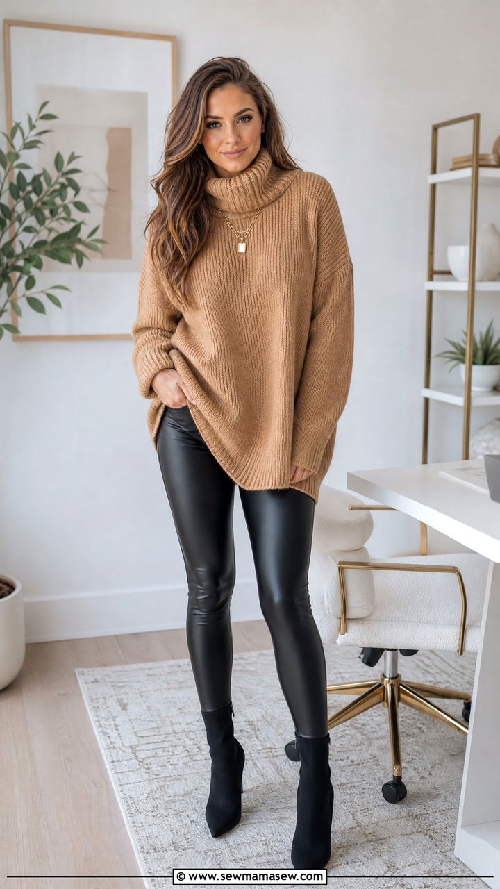 Faux Leather Leggings and Oversized Knit WFH Outfit - 25 Home office outfit ideas