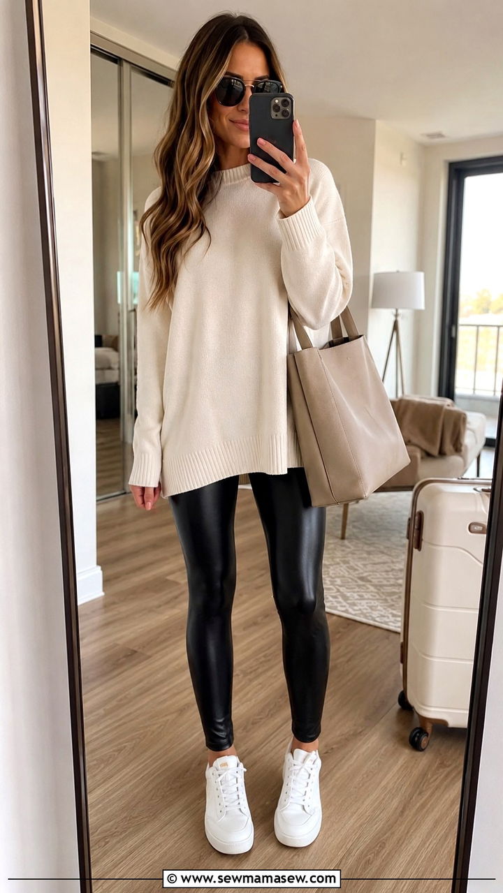 Faux Leather Leggings and Oversized Tunic Sweater Outfit - 30 Spring leather outfits