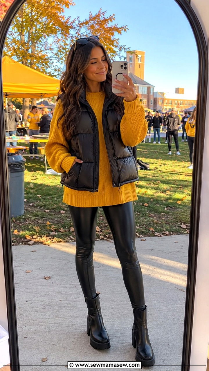 Faux Leather Leggings and Tunic Sweater Outfit - 30 Tailgate outfit ideas for college