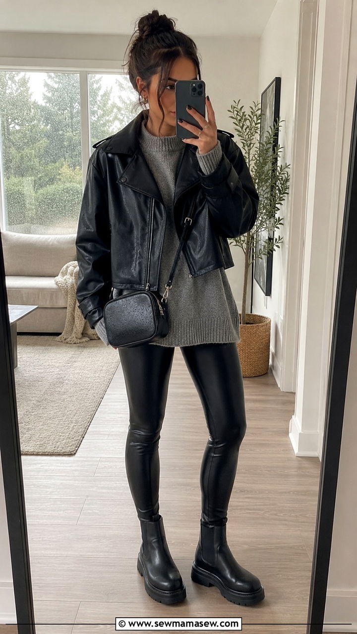 Faux Leather Leggings with Cropped Rain Jacket - 25 rainy day outfits aesthetic