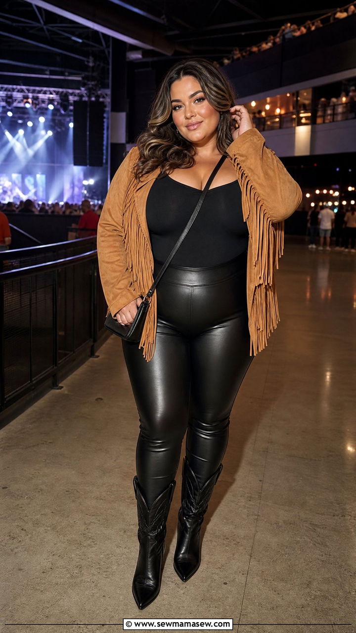 Faux Leather Leggings with Fringe Jacket and Bodysuit - 30 Country concert outfit ideas plus size
