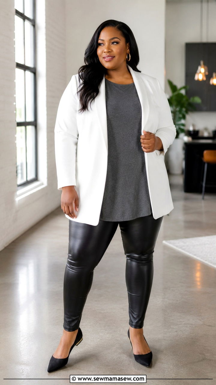 Faux Leather Leggings with Long Blazer - 30 Office outfit ideas plus size