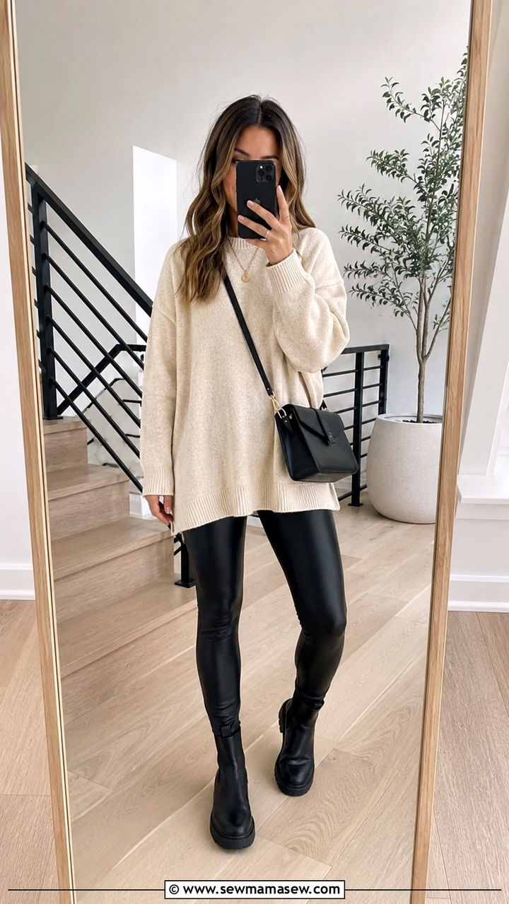 Faux Leather Leggings with Tunic Sweater and Ankle Boots - 30 Travel outfit ideas for moms