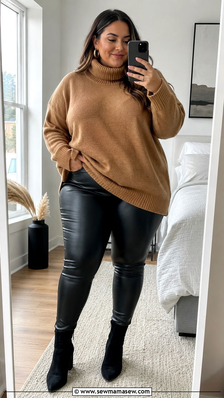 Faux Leather Leggings with Turtleneck Sweater - 30 Plus size outfit ideas with leggings