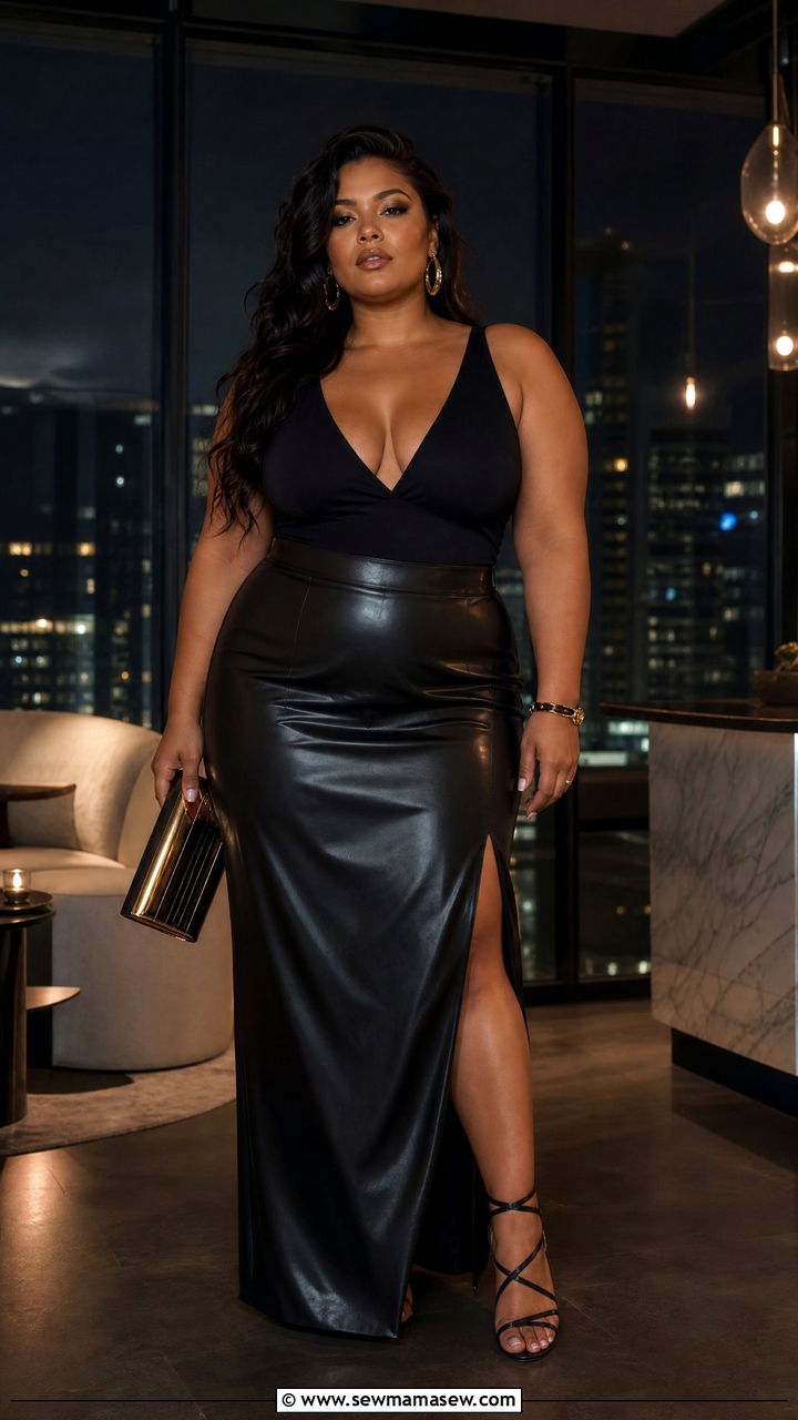 Faux Leather Maxi Skirt Night Out Outfit - 25 Maxi skirt outfit ideas plus size