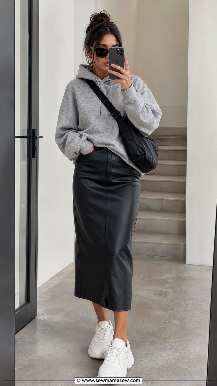 Faux Leather Midi Skirt With Hoodie - 35 midi skirt outfit ideas for women