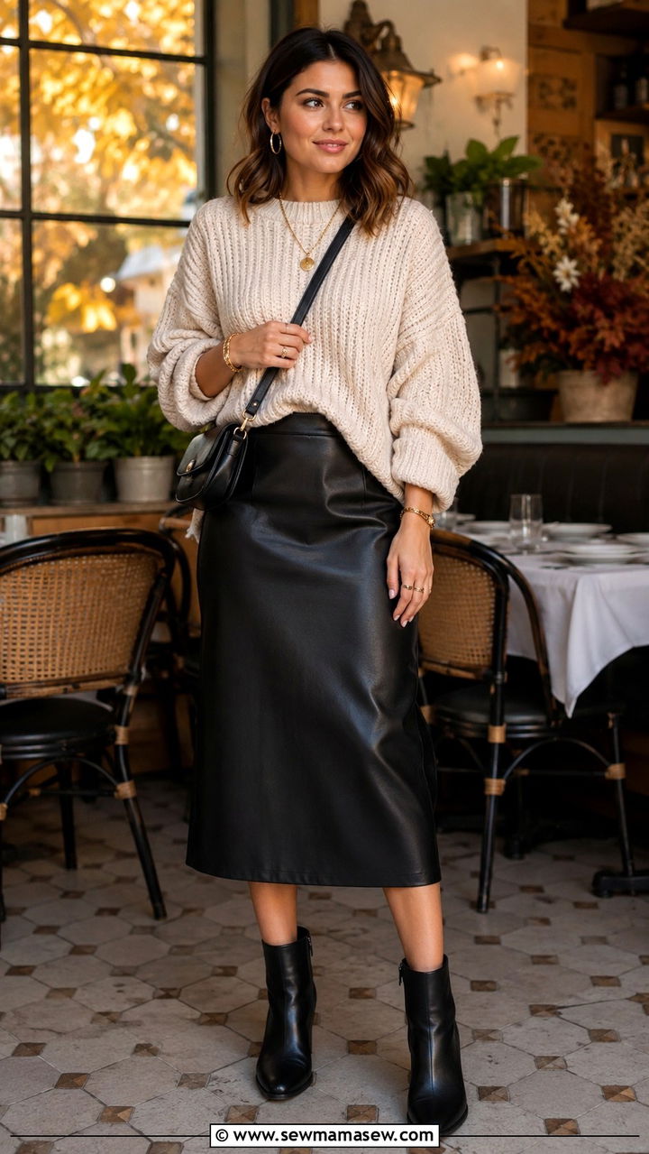 Faux Leather Midi Skirt with Chunky Knit Sweater - 30 Boozy brunch outfit ideas