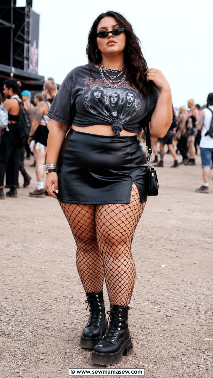 Faux Leather Mini Skirt With Knotted Band Tee And Fishnets - 30 Plus size outfit ideas for festival