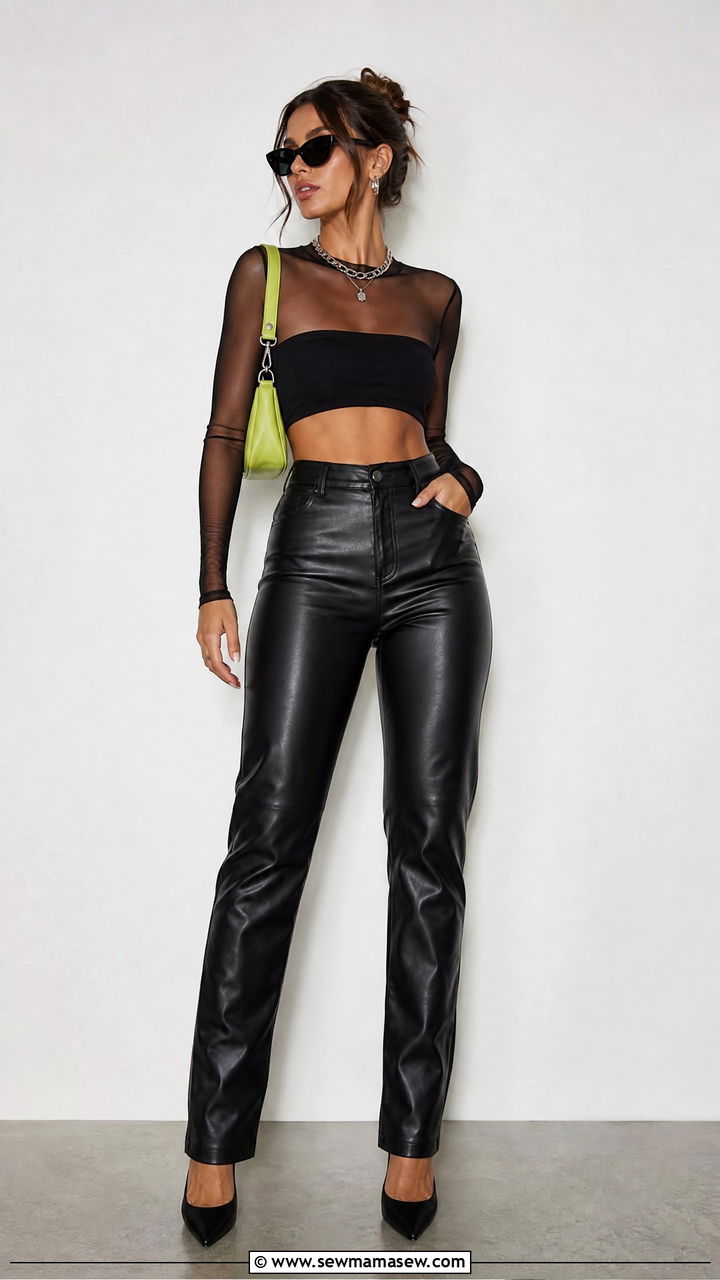 Faux Leather Pants With Sheer Mesh Top and Pointed Heels - 25 Brat summer outfit ideas