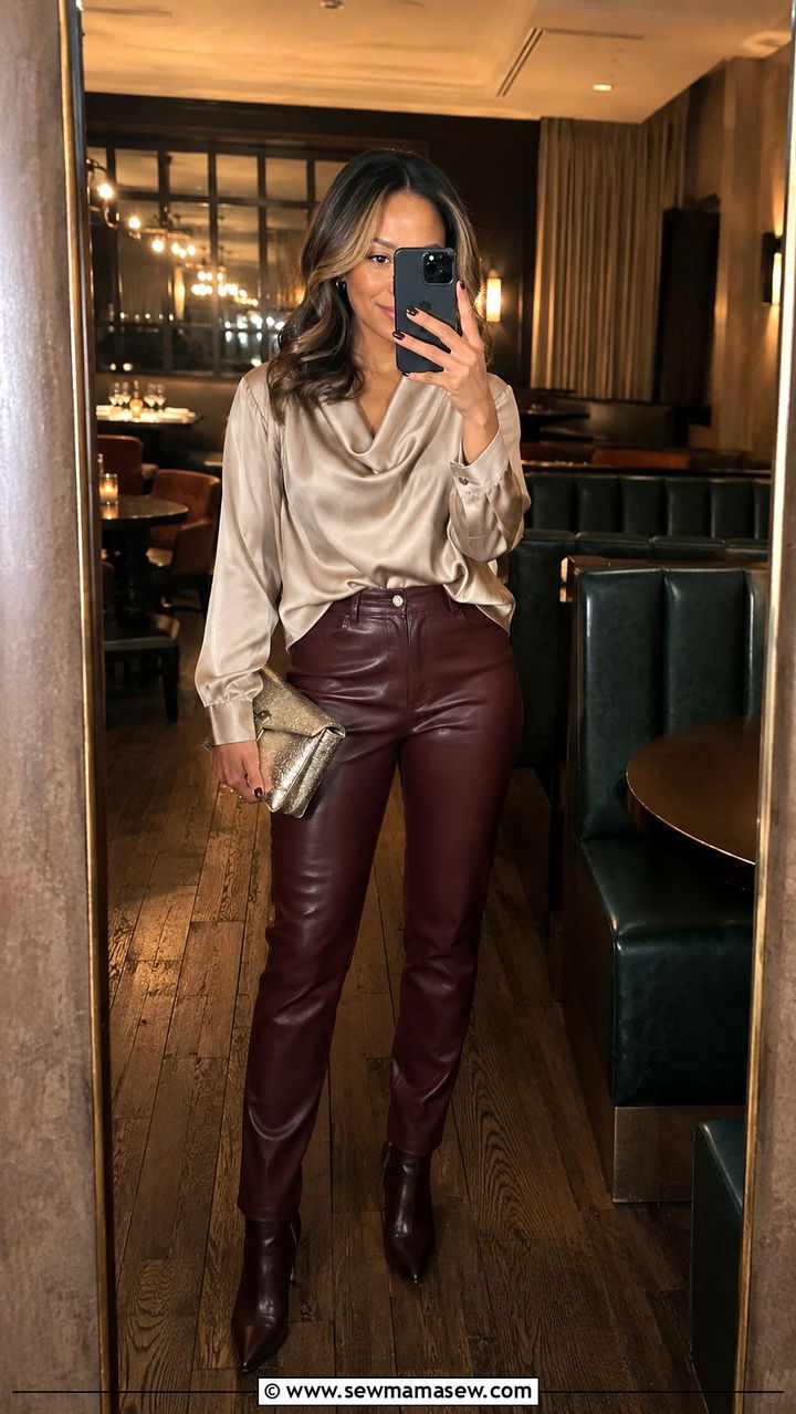 Faux Leather Pants and Silky Blouse Outfit - 30 midsize outfit ideas for women