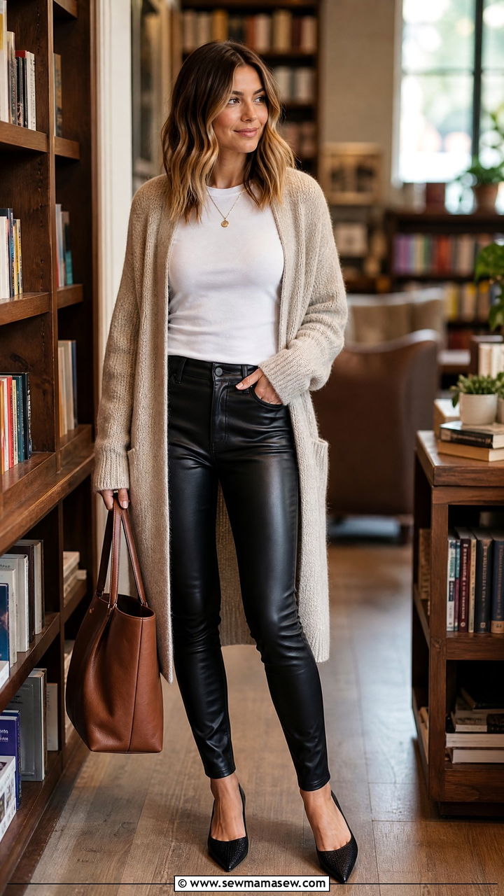 Faux Leather Pants with Cardigan - 30 Faux leather pants outfit ideas