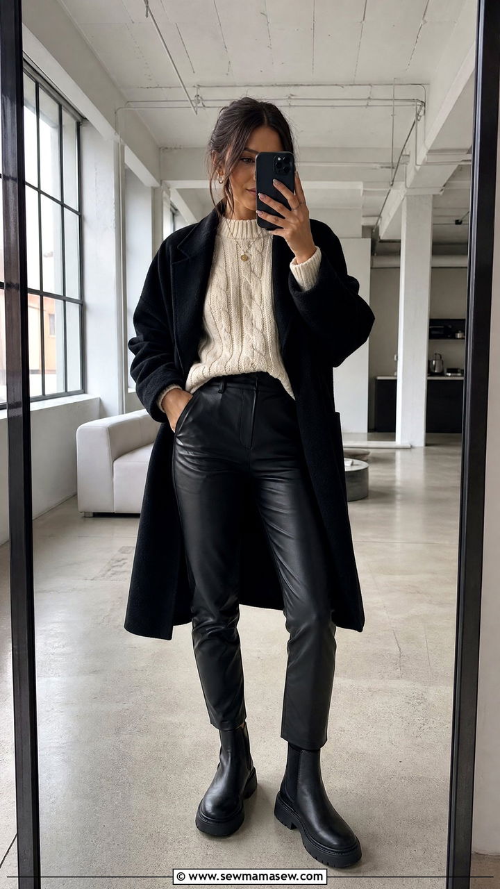 Faux Leather Pants with Chunky Knit and Chelsea Boots - 25 rainy day outfits inspo