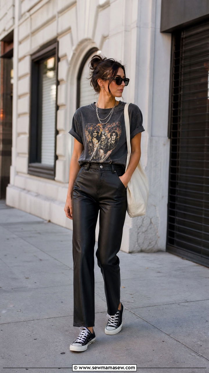 Faux Leather Pants with Graphic Tee - 30 Faux leather pants outfit ideas