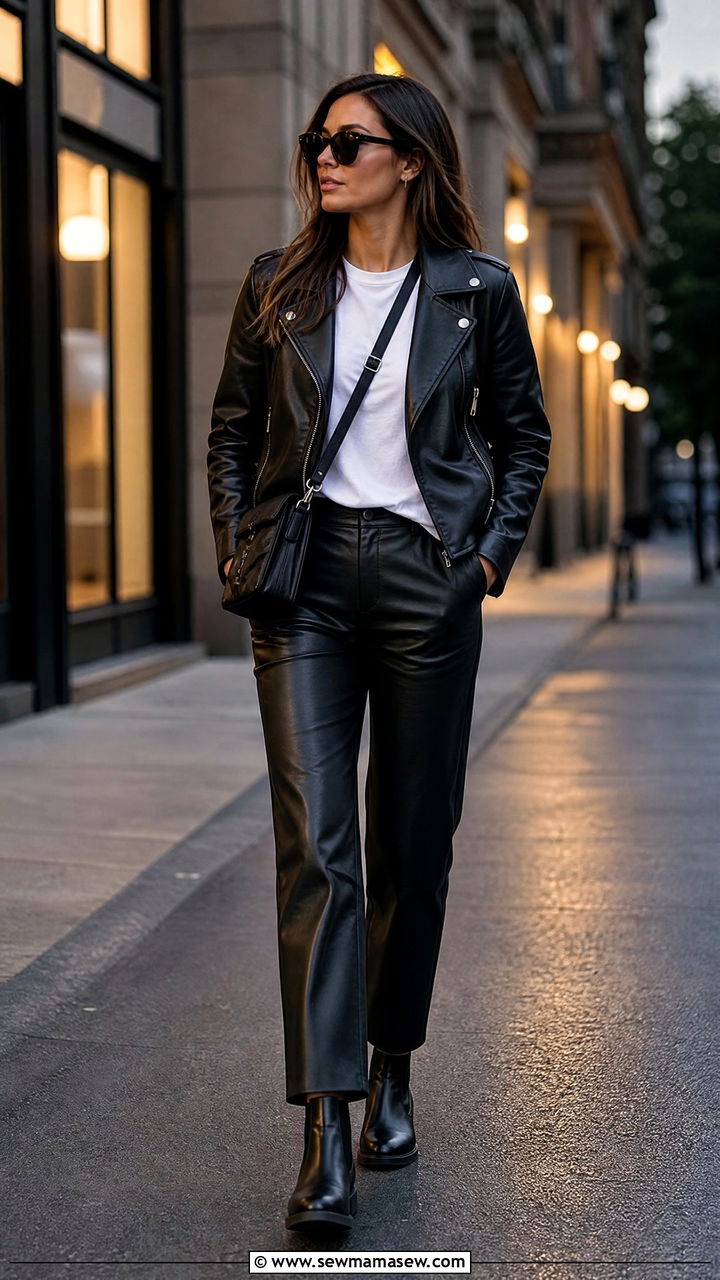 Faux Leather Pants with Leather Jacket - 30 Faux leather pants outfit ideas