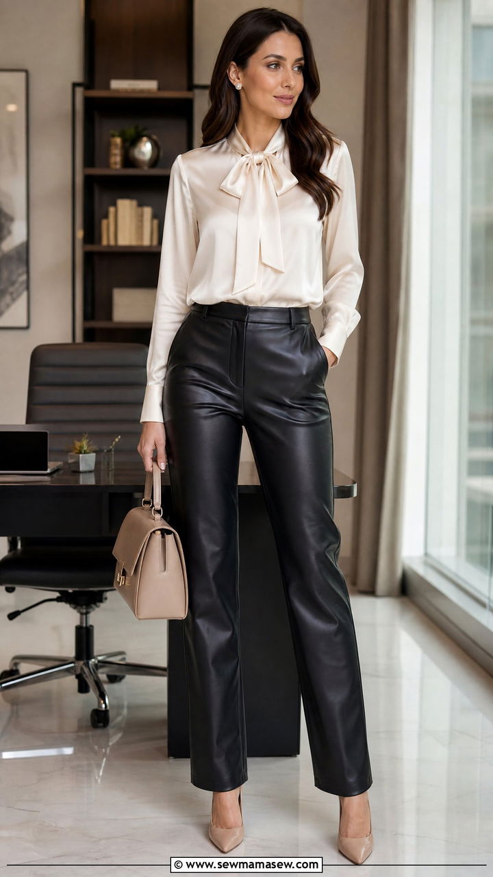 Faux Leather Pants with Silk Blouse - 30 Faux leather pants outfit ideas