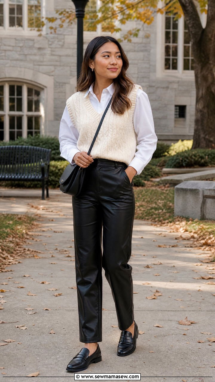 Faux Leather Pants with Sweater Vest - 30 Faux leather pants outfit ideas