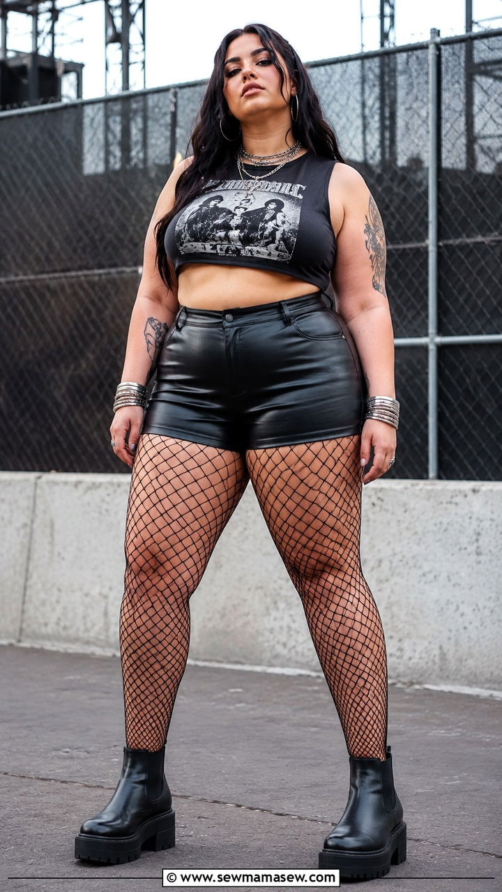 Faux Leather Shorts Over Fishnet Tights With Cropped Muscle Tank - 30 plus size music festival outfit ideas