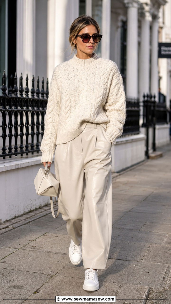 Faux Leather Trousers With Chunky Knit - 30 Spring outfits with trousers