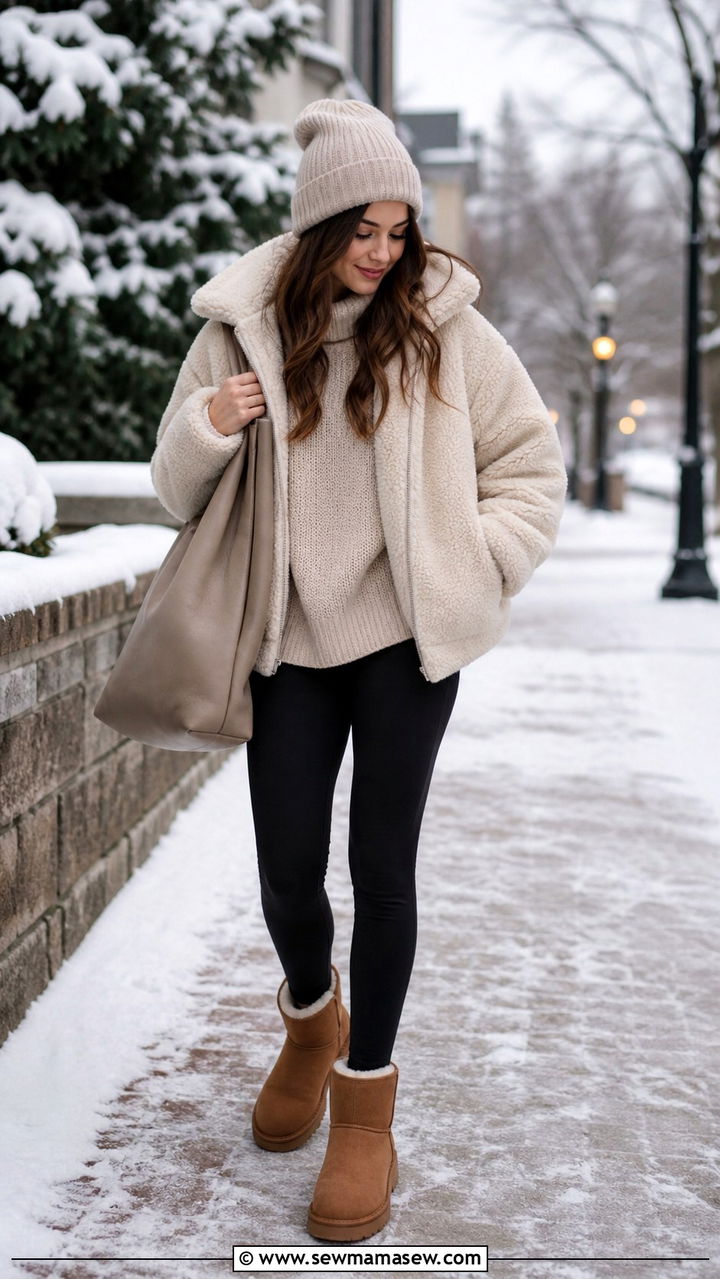 Faux Shearling Jacket with Leggings and Ugg Boots - 40 Shearling jacket outfit ideas