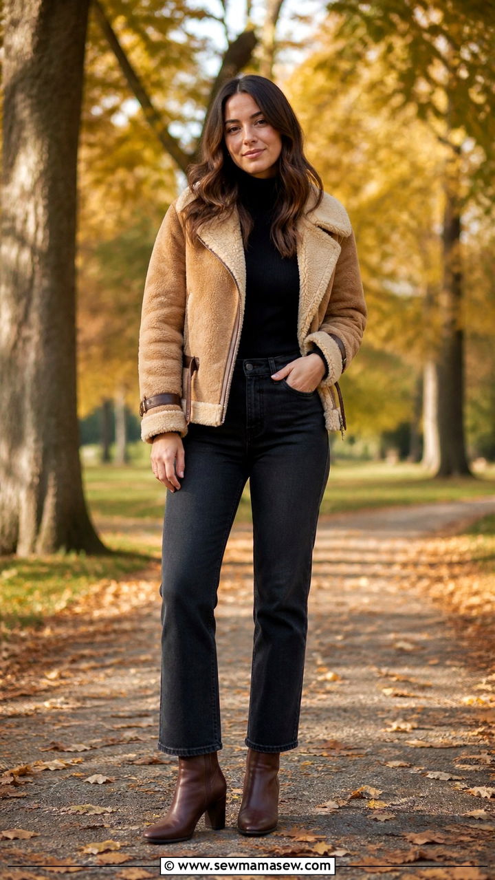 Faux Shearling Jacket with Straight Leg Jeans and Boots - 40 jacket outfits for women