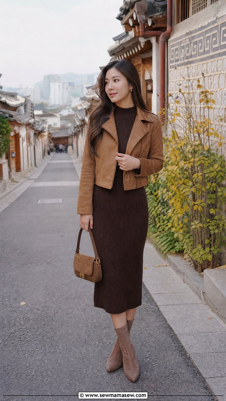 Faux Suede Jacket and Knit Midi Dress - 40 What to wear in Seoul