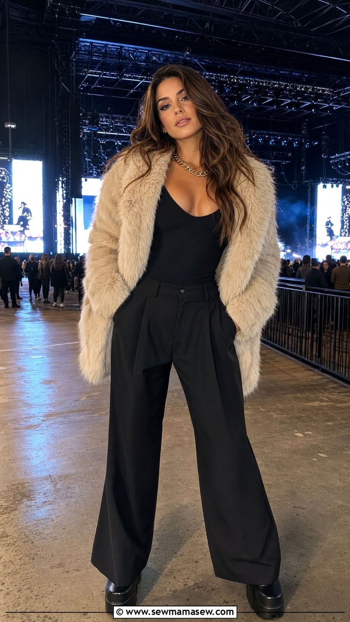 Faux fur coat and bodysuit outfit - 35 casual concert outfits