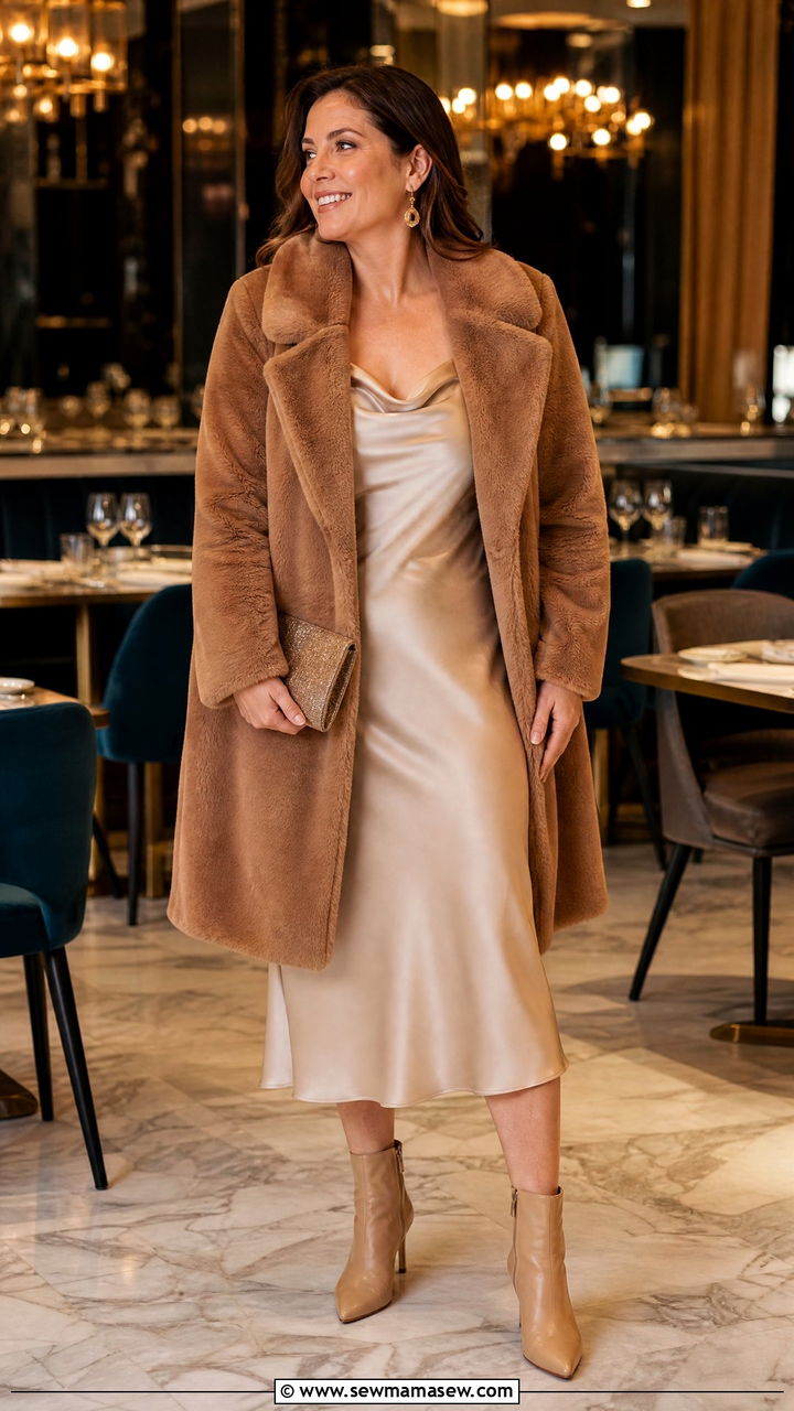 Faux fur coat over a slip dress and heeled boots - 35 Midsize outfits for women over 40