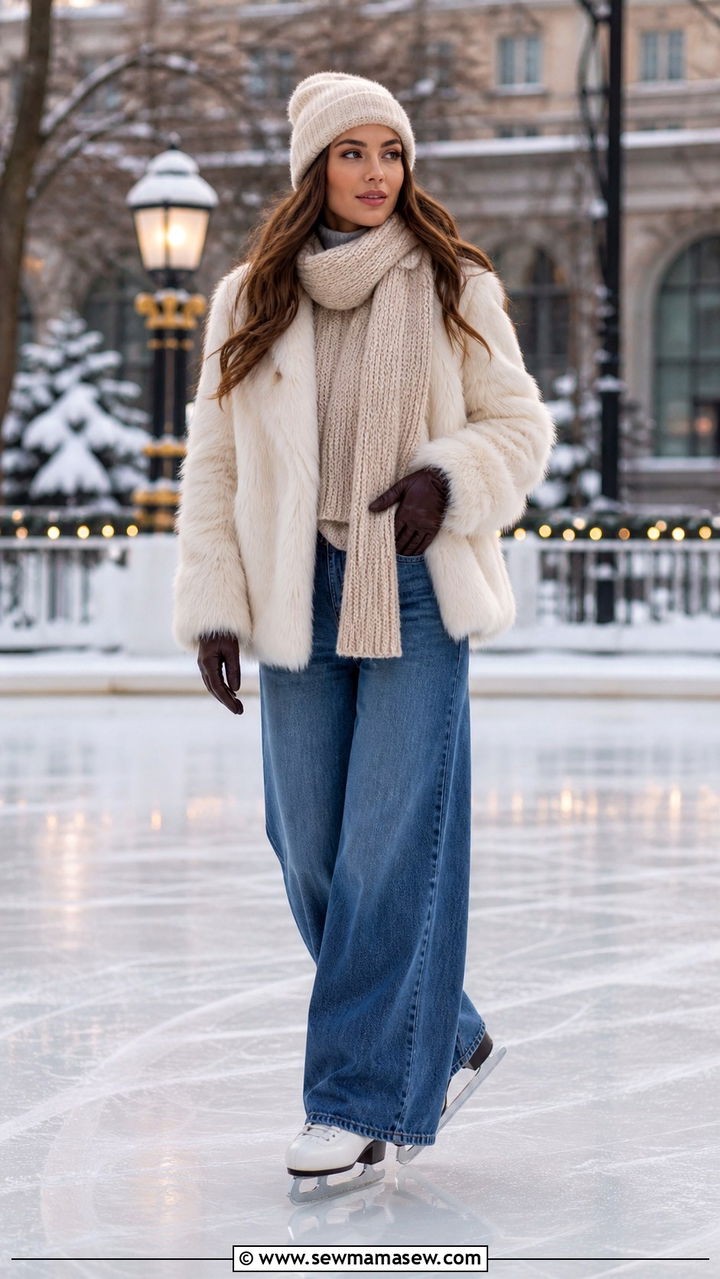 Faux fur coat wide leg jeans scarf and beanie skating outfit - 40 Ice skating outfit ideas