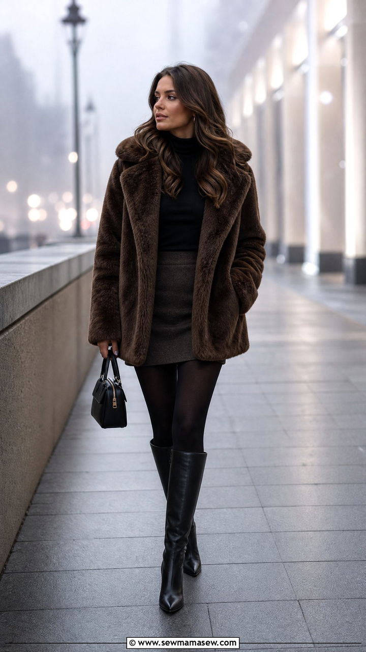 Faux fur coat with a mini skirt and tights - 25 Foggy day outfit ideas