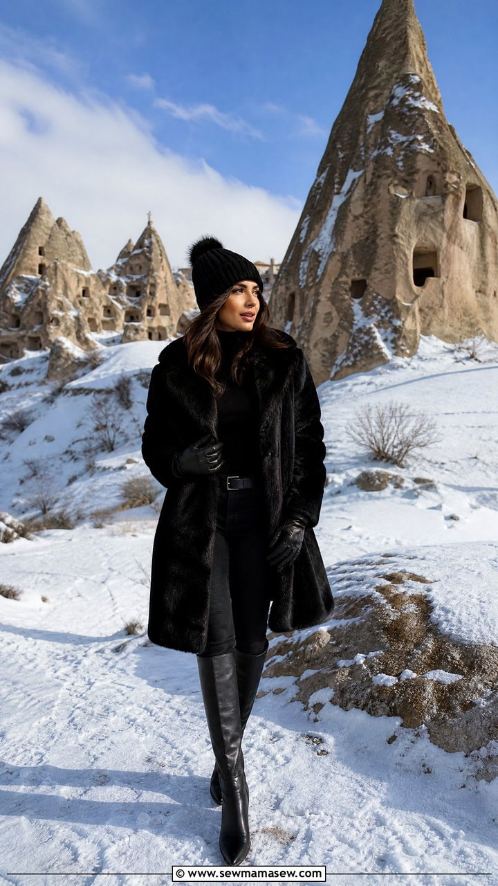 Faux fur coat with all black outfit for winter Cappadocia - 25 Cappadocia outfit ideas