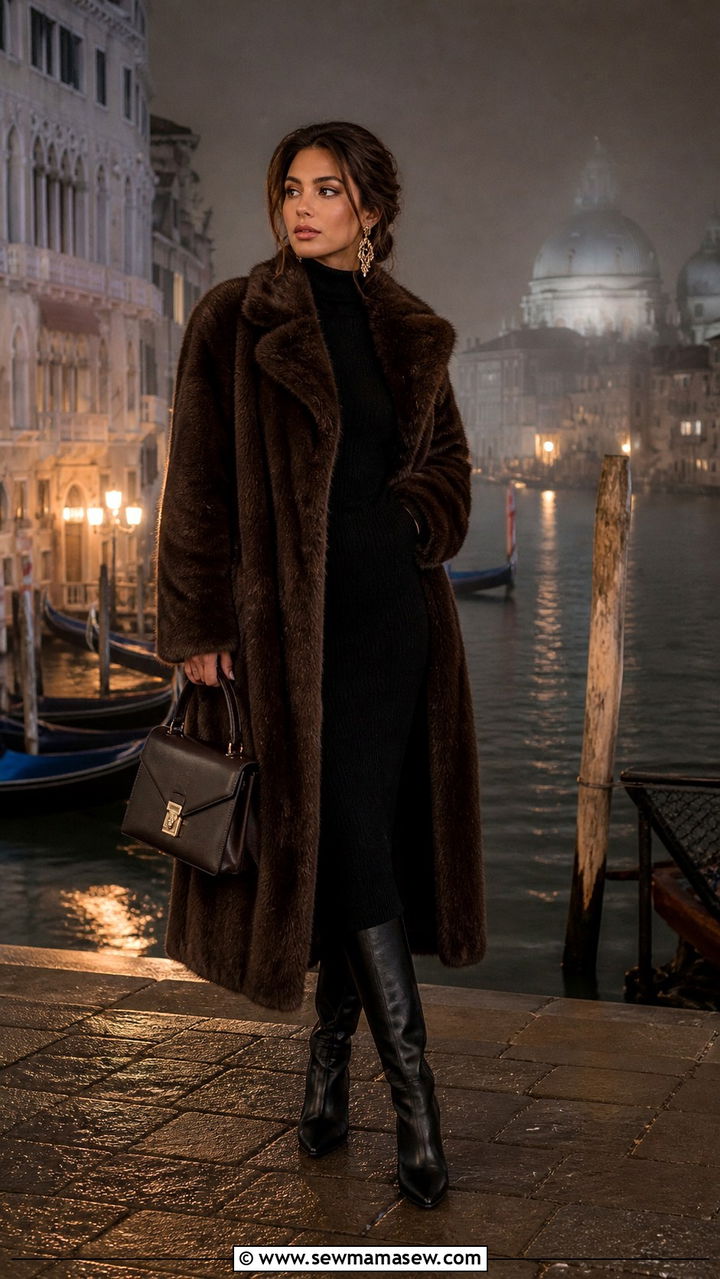 Faux fur coat with knit dress Venice winter chic - 40 What to wear in Venice