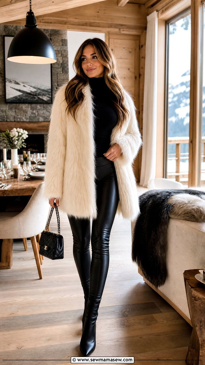 Faux fur coat with leather leggings and heeled boots - 30 Cozy chalet outfit ideas