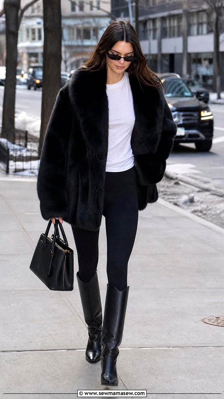 Faux fur coat with leggings outfit - 35 Model off duty outfit ideas